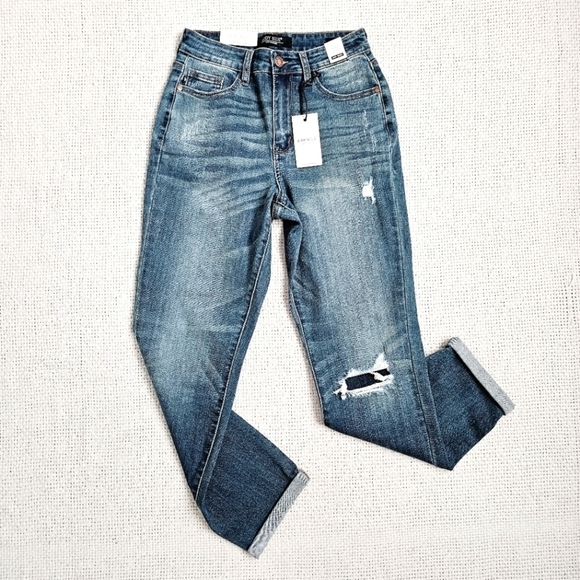 Judy Blue High Rise Patched Knee Slim Straight Cuffed Boyfriend Fit Jeans 24 - Picture 6 of 17